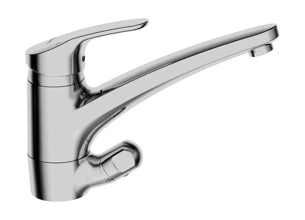 Einhebelmischer Küchenarmatur aus glänzendem Metall mit länglichem Auslauf und einem Spülmaschinenventil von HANSA.